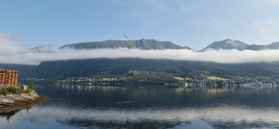 The image depicts a panoramic view of the city of Ørsta, Norway, situated on a tranquil body of water. In the foreground, a rocky shoreline is visible on the left, with a large stack of lumber, likely timber awaiting transport, placed on the edge. The water itself is calm, reflecting the surrounding landscape and the clear blue sky above.

Dominating the midground and background are majestic, green-covered mountains. A band of soft white clouds hugs the lower slopes of these mountains, creating a dramatic contrast with the darker vegetation. A solitary bird is captured mid-flight, soaring against the sky above the mountain peaks.

The city of Ørsta is nestled along the water's edge, a collection of houses and buildings extending horizontally across the landscape. The architecture appears to be typical of a Scandinavian coastal town, with a mix of residential and commercial structures. Some boats and larger vessels are visible in the harbor area, indicating the town's connection to maritime activities. The overall scene conveys a sense of peaceful coexistence between human habitation and the imposing natural beauty of the Norwegian fjords.