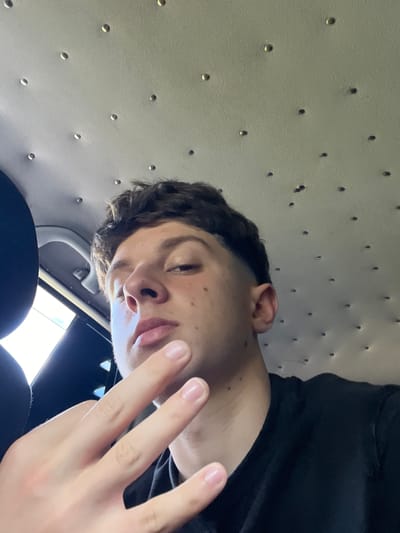 A young man with short, dark, wavy hair is taking a selfie in what appears to be the interior of a vehicle. He is looking at the camera, with his head tilted slightly and his mouth slightly open. His right hand is raised, with his index and middle fingers extended in a peace sign, and his thumb is visible. He is wearing a black t-shirt. The ceiling of the vehicle is visible in the background, featuring a pattern of evenly spaced silver studs. The lighting suggests it is daytime. There is no visual information in the image that can be used to determine the specific location within the city of Taran, Bulgaria.