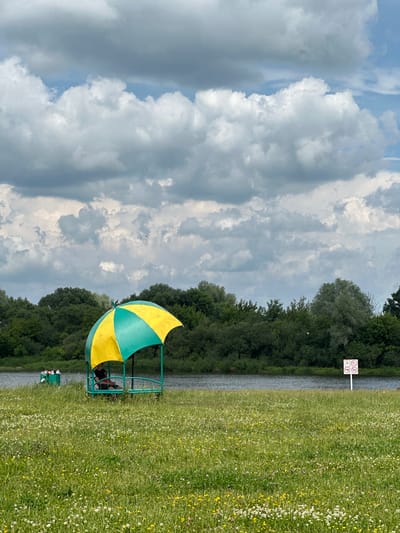 A wide shot shows a grassy field with small wildflowers in Zhlobin, Belarus. In the foreground, a person sits on a bench under a green and yellow umbrella-shaped shelter. The shelter is on a metal frame and is open on the sides. To the left of the shelter, a green trash receptacle is visible. A calm river stretches across the middle ground, bordered by a dense line of green trees. Above the trees, the sky is filled with dramatic, gray and white clouds. A white sign with red symbols is posted to the right of the shelter.