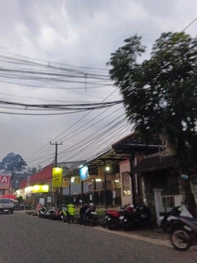 The image depicts a street scene in Phước Hòa, Vietnam, under an overcast sky. A dense network of overhead utility wires crisscrosses the upper frame, extending from multiple utility poles, one of which stands prominently in the mid-left. On the right side of the asphalt road, a series of commercial buildings are visible, some featuring metal-framed awnings and illuminated signage, including several bright yellow and one blue rectangular sign. A large, leafy tree partially obstructs the view of the buildings on the far right. A line of approximately seven parked motorbikes or scooters, in various colors including red and black, lines the right edge of the road near the buildings. One individual wearing a bright yellow-green jacket stands near these parked motorbikes. On the left side of the street, further down, a building with a red section is visible, along with a partially obscured red and white "A" logo. A light-colored car is partially visible on the left side of the road. The overall lighting suggests either dusk or a heavily overcast day.