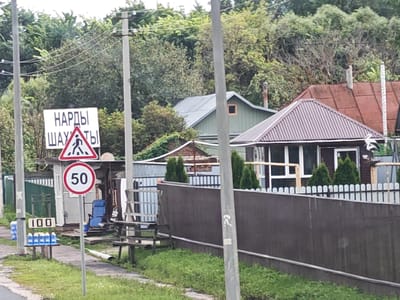 The image captures a scene in the city of Kargal, Russia. In the foreground, a gray utility pole stands prominently. To its left, a white sign with black Cyrillic lettering reads "НАРДЫ ШАХТЫ" (Nardy Shakhty), with a red and white triangular sign below it depicting a pedestrian crossing. A circular speed limit sign with "50" in black on a white background, bordered in red, is also present. To the far left, a small white sign with black numbers "100" is visible, positioned above a row of blue bottled beverages. A low green fence runs along the left side of the scene, with a wooden bench and some debris behind it.

In the middle ground, a dark gray fence with a white-capped top extends across the image. Behind the fence, a low-pitched, dark-colored roof of a building is visible, with a white picket fence in front of it. Several small, conical evergreen trees are planted along the picket fence. Further back, the roofs of other buildings are discernible, including a green house with a metal roof and a reddish-brown house with a corrugated metal roof. Trees and lush green foliage form a dense backdrop, creating a natural setting.

In the background, the landscape is characterized by a significant amount of dense green trees and foliage covering a slope. The sky is overcast and appears bright, suggesting a cloudy day. The overall impression is that of a rural or semi-rural residential area.