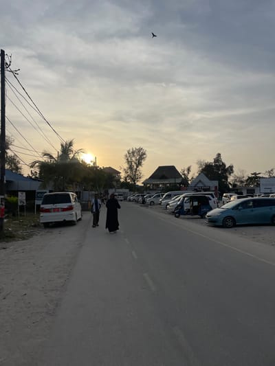 The image depicts an outdoor street scene in Nungwi, Tanzania, at dusk. A paved road occupies the center and foreground, flanked by a dirt shoulder on the left and a parking area on the right.
In the mid-ground, two individuals walk away from the camera on the left side of the paved road. The person closer to the camera wears a dark, full-length garment and light footwear. The person next to them wears a light-colored top and dark trousers.
On the left, a white minivan with red taillights and a foreign license plate is parked on the dirt shoulder. A utility pole with multiple overhead wires stands prominently in the left foreground. Palm trees and other foliage are visible behind the parked minivan and pole, partially obscuring buildings.
On the right side of the road, a line of parked vehicles faces the viewer, including several white vans/minivans, a light blue three-wheeled vehicle (possibly a tuk-tuk), and a light blue sedan. Behind these vehicles, several structures are visible, including a building with a prominent thatched roof and another bearing a sign that reads "MR. FAVOURITE SHOP."
The sky is partly cloudy, with the setting sun low on the horizon, casting a warm, golden glow through the clouds and foliage in the upper left quadrant. A single dark bird is visible in flight in the upper right portion of the sky.
