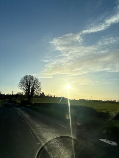 The image depicts a rural road scene in Ruyton-XI-Towns, United Kingdom, under a low sun, indicative of either sunrise or sunset. The sky, occupying the upper two-thirds of the frame, transitions from clear blue at the zenith to a bright yellowish-white at the horizon, with scattered white clouds present. The sun, a brilliant point source, is positioned low in the sky, slightly right of center, emitting significant lens flares across the foreground and a green flare in the upper left.
A dark asphalt road curves from the lower left towards the upper left, featuring a solid white line on its left edge and a broken white dashed line in the center. The road surface exhibits specular reflections from the low sun angle, suggesting dampness. A large, bare deciduous tree stands prominently to the left of the road in the midground. Beyond the tree and road, green agricultural fields are visible, bordered by hedges. Multiple utility poles and overhead lines traverse the landscape. In the far distance on the right horizon, a single wind turbine is identifiable. A circular reflection or object edge is partially visible in the bottom right foreground, along with a small puddle of water on the roadside. No individuals or animals are present.