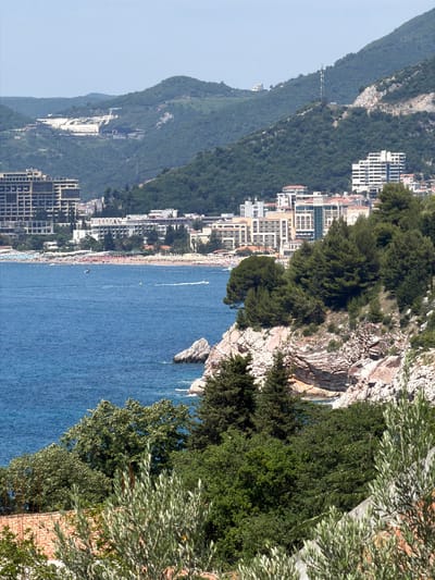 The image depicts a coastal view of the city of Vrijesno, Montenegro. In the foreground, a rocky cliff face is covered with dense green vegetation, including olive trees and evergreen trees. Below the cliffs, the azure waters of the Adriatic Sea are visible, with a rocky outcrop protruding from the water on the right side. In the mid-ground, a sandy beach is lined with numerous beach umbrellas and a few scattered beachgoers. Beyond the beach, a dense collection of buildings, consisting of hotels and apartment complexes with red-tiled roofs and white facades, stretches along the coastline. Further inland, steep, tree-covered hills rise, with more modern buildings visible higher up on the slopes. A telecommunications tower is perched on one of the hilltops. The sky is clear and a pale blue.