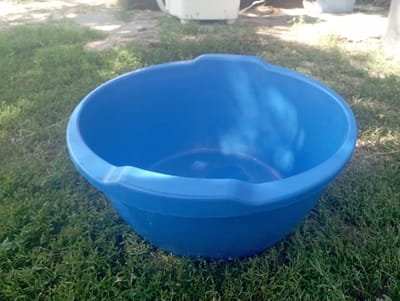 A bright blue plastic basin sits on a patch of green grass outdoors. The basin is round with two small handles on the sides. The grass appears dry in some areas, with some patches of dirt visible. In the background, there are some blurry white objects, possibly appliances, and the ground is covered in shadows from overhead trees. The image is taken from a slightly elevated angle, looking down into the basin. The lighting suggests it is daytime.
