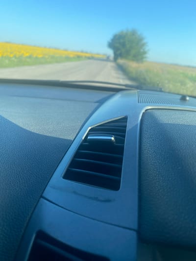 The image, taken from inside a vehicle, shows a view of a rural road with a field of sunflowers on the left side and a tree line on the right. The foreground is dominated by the dashboard of the car, with a visible air vent. The road recedes into the distance, leading towards a distant tree. The sky is clear and blue, indicating a sunny day. The specific location is a road in the city of Lymans'ke, Ukraine.