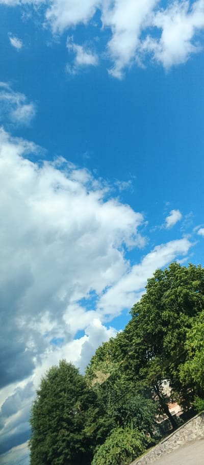 The image is a vertical, medium-angle shot of a bright blue sky with scattered white and gray clouds. In the lower half of the frame, the tops of lush green trees dominate, with a hint of a stone wall and a building peeking through the foliage on the right side. The scene appears to be an outdoor environment, possibly a park or a residential area, bathed in daylight. The image quality suggests it was taken with a mobile device. No people or specific actions are visible. The location is identified as Kholodnianske, Ukraine.
