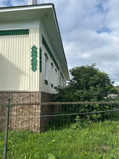 This is a medium shot, taken outdoors, of the side of a light-colored, paneled house with green decorative trim. The house has a white roof with a dark gray ridge. Several windows, also white, are visible on the side of the house. The house appears to be in a rural or suburban setting, as there is a large tree with green leaves and a wire fence with a brick wall behind it. A patch of tall green grass is visible to the right of the fence. The sky is cloudy with patches of blue. The image is oriented vertically. The scene appears to be peaceful and sunny, suggesting it was taken during the daytime. There is no visible text in the image.