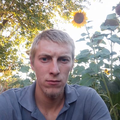 A young Caucasian man with light brown hair and blue eyes is taking a selfie outdoors. He is wearing a gray polo shirt and has a small goatee. The man is positioned in the foreground, with large sunflowers and lush green foliage filling the background, suggesting a rural or park setting. The lighting indicates it is daytime, possibly late afternoon due to the warm glow on the leaves. The image was captured in the city of Slobidka, Ukraine.