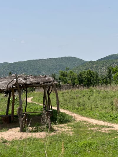 A wide shot captures a rustic, open-sided shelter constructed from rough logs and thatched with dried vegetation. The shelter, which appears weathered, has a wooden bench or platform inside. A dirt path winds through a vibrant green landscape of grass and low-lying plants, leading away from the shelter and towards a backdrop of densely forested, undulating hills under a clear, pale blue sky. The scene is devoid of any human presence. The image is taken outdoors, likely during daylight hours, given the bright illumination. The overall impression is one of a rural or semi-rural setting, consistent with an area like Atawa, Nigeria.