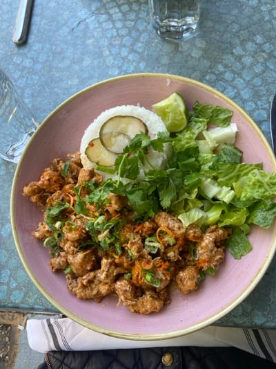 A pink bowl containing a meal of fried chicken, white rice, chopped lettuce, green onions, and a slice of lime sits on a blue and white speckled table in an outdoor setting. The meal is in focus, while the background, including a black jacket, a white napkin, and another bowl, is slightly out of focus. The scene appears to be at a restaurant in Rye, New York, United States.