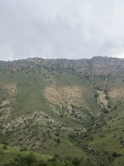 The image displays a rugged mountainous landscape located in the city of Arpi, Armenia, under an overcast, light gray sky. The upper section of the scene features a distinct, relatively flat-topped mountain ridge. Along this ridge, approximately seven slender, vertical structures, consistent with telecommunication towers or utility poles, are irregularly spaced. Several low-profile buildings or installations are also visible on the ridge line. Directly below the ridge, a steep, stratified rock face shows visible geological layers and vertical fractures. The mountain slopes below this rock face are characterized by a mosaic of dark green vegetation, including grasses and numerous scattered conical or rounded bushes/small trees, interspersed with lighter, yellowish-brown areas of drier earth or exposed rock. Multiple erosion channels and dry streambeds are carved into the slopes, particularly evident as narrow, V-shaped depressions. The terrain varies in steepness, presenting a challenging natural environment. No human or animal subjects are discernible within the frame.