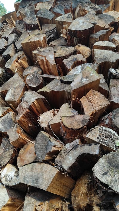 A pile of chopped wood is densely stacked in an outdoor setting. The wood appears to be various sizes and types, with rough-cut ends and bark still present on some pieces. The wood is a mixture of light and dark brown tones, with some pieces showing signs of weathering and discoloration. The background is blurred, but suggests a natural environment with hints of greenery. The image appears to have been taken from a slightly elevated, close-up perspective, focusing on the texture and arrangement of the wood. The scene is devoid of any human presence or activity. There is no discernible information to suggest this location is in Дамачаўскі сельскі Савет, Belarus.