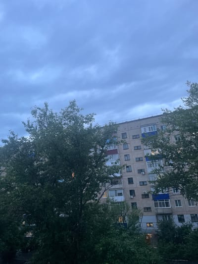 This image captures a view looking up at a Soviet-era apartment building, partially obscured by lush green trees in the foreground. The building is made of concrete panels and features numerous windows, some with visible air conditioning units attached. Several windows show interior lights, suggesting that people are inside their apartments. The sky is overcast and appears to be either early morning or late evening, contributing to a subdued, possibly melancholic atmosphere. The scene is shot from a low angle, emphasizing the height of the building and the density of the foliage. The composition, with the building and trees at an angle against the cloudy sky, gives a sense of upward movement or perhaps a slight tilt. No people are explicitly visible in the frame, and there is no discernible text in the image. The overall impression is one of an ordinary urban residential setting in Lisakovsk, Kazakhstan, captured during a transitional time of day under a cloudy sky.