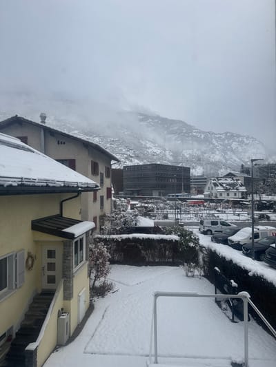 The image depicts a snow-covered urban and mountainous landscape in Visp, Switzerland, under an overcast sky.

In the immediate foreground, a section of a light yellow residential building is visible on the left. It features a snow-covered dark-tiled roof with a black gutter system. A covered entrance with a white door, three square glass panels, and stone-clad pillars is present, accessed by snow-dusted steps. A white decorative wreath hangs on the wall next to a window with white shutters. Adjacent to the building is a snow-covered lawn or garden area, where faint, roughly rectangular outlines are pressed into the snow. A white metal railing or frame, also covered in snow, stands in the lower right portion of this area.

Further to the left, a larger, older residential building with a light brown facade, red-shuttered windows, and a snow-covered tiled roof with a visible chimney is partially obscured. A dense, snow-laden hedge runs across the midground, separating the garden from a parking lot. Several vehicles, including a white delivery van and multiple dark sedans/SUVs, are parked, their surfaces partially covered by snow. Beyond the parking area, a modern, dark grey multi-story building with horizontal window bands is prominent.

In the background, across what appears to be a street or railway line with visible overhead infrastructure, additional residential buildings with snow-covered roofs can be seen. A red vehicle, possibly a bus or truck, is distinguishable. The furthest background is dominated by rugged, snow-covered mountains, partially shrouded by low-hanging clouds and fog, indicating a winter environment with reduced visibility at higher altitudes. The sky is uniformly grey and overcast. No individuals or specific actions are discernible.