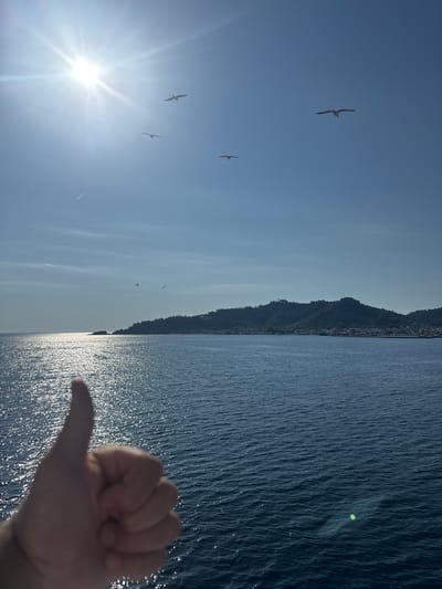 A person's thumb is raised in a thumbs-up gesture in the foreground of the image. The thumb and hand are close to the camera and are slightly out of focus. The background shows a vast expanse of the Aegean Sea, with shimmering sunlight reflecting off the water's surface. In the distance, a green, tree-covered island coastline is visible, with buildings and structures scattered along its edge, indicative of a town or city. Several seagulls are flying in the clear blue sky above the sea and island. A contrail from an airplane is also visible in the upper left portion of the sky. The overall scene suggests a bright, sunny day, likely in a coastal region of Greece, possibly Thassos.