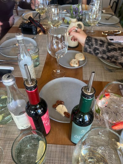 A table setting features plates with bread and cheese, wine glasses, and bottles of olive oil and wine with pouring spouts. A pitcher of water with fruit sits next to one bottle. A hand reaches towards the table, possibly for a snack. A camera is seen among the tableware, suggesting someone is documenting the dining experience.