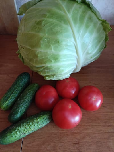 A head of pale green cabbage rests on a wooden surface. In front of the cabbage are four ripe red tomatoes and four green cucumbers. The scene is photographed from a slightly elevated angle. No people are present, and no actions are taking place. The setting is indoors, with a hint of a wall and countertop visible in the background. There is no information in the image to suggest the location is the city of Ciechanowiec, Poland.