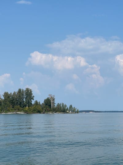 The image depicts a serene natural landscape with a body of water in the foreground and a tree-covered island in the distance. The water is calm with gentle ripples reflecting the blue sky and scattered white clouds. The island is densely vegetated with various types of trees, appearing lush and green. A few dead, light-colored branches are visible along the shoreline of the island, contrasting with the greenery. The sky is a clear, bright blue, with large, fluffy white clouds dominating the upper portion of the frame. The scene conveys a sense of tranquility and natural beauty. The location is identified as Bystrovka, Russia, suggesting this is a view of a river, lake, or a bay within or near this settlement. There are no people or specific man-made structures that are clearly identifiable as being in Bystrovka, beyond a hint of distant land which could be the settlement.