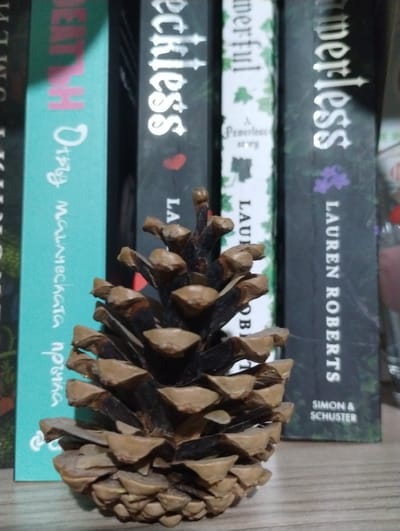 This close-up shot, taken in Roza, Bulgaria, features a stack of four books laid horizontally, with a large, natural pinecone positioned to the right, resting on or beside the books. The books appear to be fantasy or young adult novels.

The topmost visible book is titled "Powerless" by "LAUREN ROBERTS", published by "SIMON & SCHUSTER", with a dark cover featuring a purple floral emblem. Below it, a book with a lighter cover and green foliage motifs is partially visible, showing the word "Powerful" and indicating it's "A Powerless story" by "LAUREN ROBERTS". The third book down has "Reckless" prominently displayed on its spine, also seemingly by "LAUREN ROBERTS". The fourth visible book has a light blue cover with the partially visible English text "DEATH H" and Cyrillic text that reads "Отвъд магическата пръчка", which translates to "Beyond the magic wand".

The pinecone is well-defined, showcasing dark brown scales with lighter, warm brown tips, and appears to be fully open. The lighting is even, suggesting an indoor setting without strong directional light. The background is a soft, indistinct blur, likely a shelf or table surface.