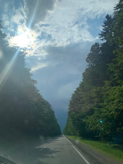 The image shows a straight asphalt road with white dividing lines, lined on both sides by dense, green trees. The road recedes into the distance under a cloudy sky with bright sun rays piercing through the clouds on the left side. The sun's glare creates lens flare effects in the image. The environment suggests a rural or forested area, consistent with the location of Грозаўскі сельскі Савет, Belarus. There are no people or animals visible in the scene. The perspective suggests the photo was taken from a vehicle driving on the road.