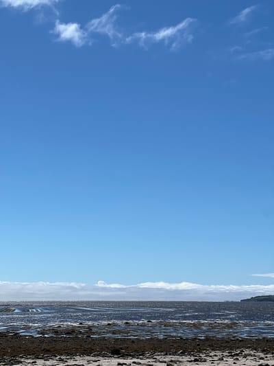This media file captures a serene coastal scene at Dunuisce, Ireland. The image is oriented vertically, with the vast expanse of a clear blue sky occupying the left two-thirds of the frame. A few wispy white clouds are scattered across the sky, suggesting fair weather.
The right third of the image depicts a rocky beach and the sea at low tide. The wet sand and pebbles on the beach are dark and reflective, with patterns formed by the receding water. A narrow strip of land, possibly a distant shore or hillside with greenery, is visible in the far distance along the horizon, partially obscured by a band of clouds. The time of day appears to be daytime, likely mid-morning or afternoon, given the brightness and the clear sky. The overall mood is one of tranquility and natural beauty. No people or man-made objects are prominently featured in the visible portions of the scene. There is no visible text in the image.