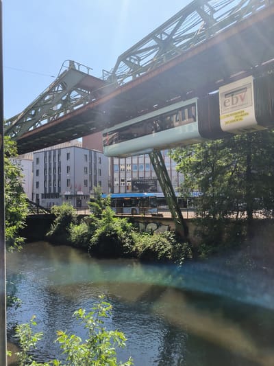 This image captures a scene in Wuppertal, Germany, featuring the Schwebebahn (suspension railway) above a river. A light blue and white train is suspended from the metallic green and brown railway structure. On the side of the train's hanging car, a yellow advertisement with the logo "ebv" is visible. Below the railway, a river flows, with lush green trees and vegetation lining its banks. In the background, several multi-story buildings are visible, some with modern facades and others with traditional window designs. A blue bus is seen traveling on a road adjacent to the river, and a pedestrian bridge crosses the water. The sky is clear and bright blue, indicating a sunny day.