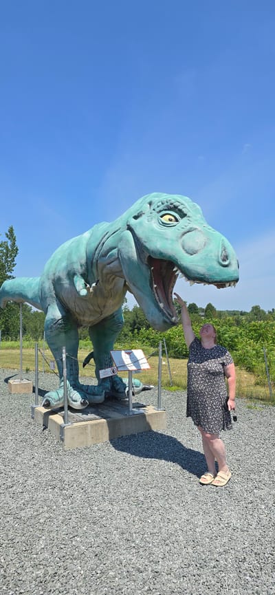An adult female, wearing a black and white floral dress and beige sandals, stands to the right of a large, teal-colored Tyrannosaurus Rex statue in Saint-Léonard-d'Aston, Canada. The woman is looking up at the statue with her right hand raised, touching its open mouth. The statue is positioned on a concrete base, surrounded by gravel and metal stanchions with chains. A sign is visible near the base of the statue. The background consists of green trees and a clear blue sky, indicating an outdoor setting under daylight conditions.