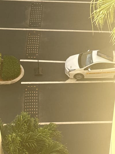 An aerial view captures a yellow cab parked on a paved road in the city of Hollywood Seminole Reservation, United States of America. Palm trees frame the image on opposite sides, adding a tropical ambience to the urban scene. The road is demarcated with white lines, and manhole covers appear at intervals along the roadside.