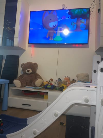 The image depicts a living room scene with a television displaying a cartoon, a large teddy bear, several stuffed animals, and a children's slide. The television is mounted on the wall above a white media console. On the console, a large brown teddy bear is seated, flanked by various other stuffed animals, including a dinosaur, a horse, and a fluffy white creature. A children's plastic slide, predominantly white with blue accents, is positioned in the foreground. Toys, including small vehicles, are visible on the media console and on the floor. A blue children's table is partially visible to the left. The environment appears to be indoors, likely a domestic setting. Based on the provided information, the scene is located in the city of Fulda, Germany.