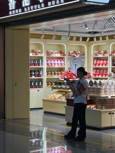 The image shows the exterior of a shop with a sign reading "RENE LITTLE BEAR" in English and Chinese characters above the entrance. The shop appears to be a retail store selling teddy bears and possibly other gift items, as evidenced by the shelves stocked with teddy bears, plush rabbits, and packaged goods inside. A woman in a white collared shirt and black pants is standing inside the shop, holding a small red flag and looking at her phone. She appears to be an employee. The shop is illuminated by interior lighting and spotlights. The floor in front of the shop is highly reflective, showing the ceiling and the shop's interior. The overall environment suggests an indoor commercial space, likely a mall or airport, given the polished flooring and clean presentation. The image was taken in Guangyang District, China.
