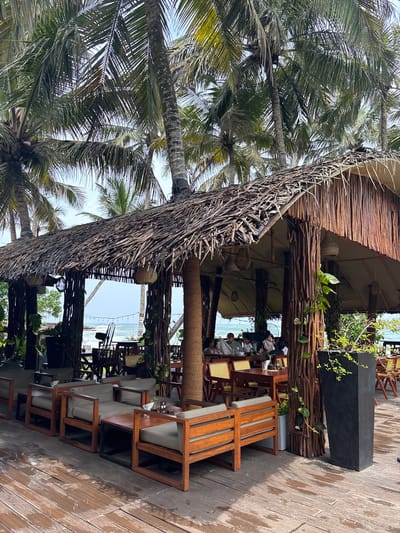 The photograph depicts an outdoor seating area, likely a restaurant or lounge, in Talpe, Sri Lanka. The scene includes wooden furniture, such as chairs and tables, situated on a weathered wooden deck. Overhead structures consist of natural materials like woven thatch and branches, creating a shaded canopy. Green plants and vines are incorporated into the decor. Palm trees are visible in the background. People are seated at some of the tables. The ocean can be seen in the distance through the open-air design.