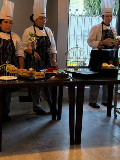Three people in chef attire stand behind a buffet table with food, drinks, and decorations. The chefs wear white hats and striped aprons. The table is set with pastries, a wine bottle, and decorative cages. The backdrop includes a window, and the floor appears to be tile.