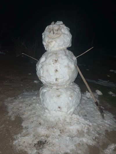 A melting snowman lies on its side in the dark. Constructed with three snowballs, the snowman features stick arms and facial details fashioned from twigs. A shovel leans against the snowman's body. The snow around the figure is soiled and diminishing, suggesting recent warmth. The background is mostly dark, adding to the image's somber tone.