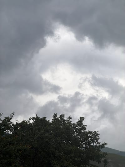 The image depicts a cloudy sky over a natural landscape. In the foreground, the tops of dark green trees are visible, their branches and leaves silhouetted against the sky. The sky itself is filled with dense, gray clouds, with patches of brighter white light suggesting a break in the cloud cover or sunlight filtering through. The overall mood is overcast and potentially indicative of impending rain. The location is specified as Kubina, Russia.