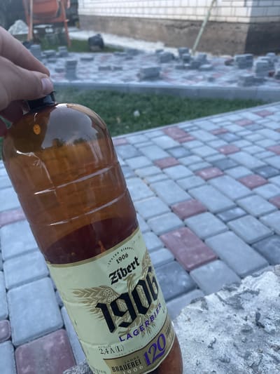 A hand is holding a large, brown plastic bottle of beer, obscuring a portion of the label. The label is mostly cream-colored with dark text and graphics, featuring the brand name "Zibert" prominently. Text on the label includes "JULIUS ZIBERT," "1906," "LAGERBIER," "2,4 (L)," and "BRAUEREI." The bottle appears to be outdoors, with a background of interlocking paving stones in shades of gray and pink. A strip of green grass is visible between the paving stones. The lighting suggests it is daytime, but the exact time of day and weather conditions are not discernible. The scene has a casual, everyday feel, likely in a residential outdoor area.