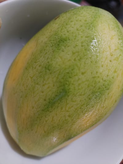 A close-up, overhead shot shows a partially ripe mango with streaks of yellow and green skin resting in a white bowl. The mango is oval-shaped and smooth, with a slightly textured surface. The background is blurred, but appears to be a white surface, possibly a table. The lighting is bright, creating highlights on the mango's skin. This image does not contain any identifiable features related to the city of Jelutung, Indonesia.