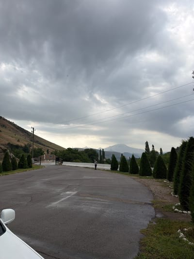 In Khumsan, Uzbekistan, on a cloudy day, a paved road curves through a landscape with a steep, grassy hillside to the left and dense green trees on the right. A row of conical evergreen trees lines the right side of the road, with white decorative stones forming a border. In the distance, mountains are visible under the overcast sky, which features thick, grey clouds. A small building with a blue sign and black metal gates stands near the base of the hill. A single individual, wearing a light-colored cap and dark clothing, stands on the right side of the road, facing away from the camera. Power lines are strung across the upper portion of the image. A portion of a white vehicle is visible in the lower-left corner. The road surface appears wet and exhibits some cracks.