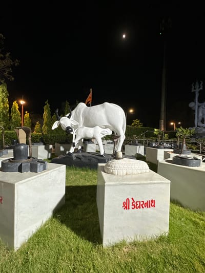 At night in Vadodara, India, a white cow and calf statue stands on a black platform between concrete pedestals. The pedestals are placed on a green lawn. The pedestal on the right has red writing in a language that is likely Gujarati. A tall lamppost and the moon illuminate the night sky behind the statue. Shrubs and trees stand in the background.