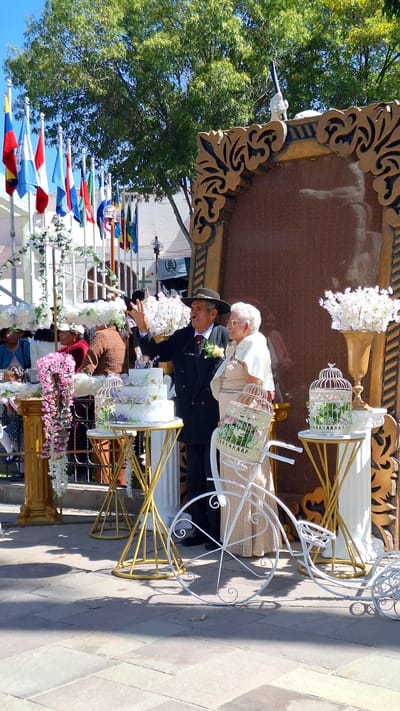 The image captures a scene in Cerro Colorado, Peru. An elderly couple dressed in formal attire stands beside a decorative white bicycle with gold accents, upon which is displayed a tiered cake and birdcages filled with flowers. The man wears a dark suit and hat, while the woman is in a light-colored outfit. A large, ornate frame is behind them. In the background, a row of colorful flags lines the street, with trees visible in the distance. The setting appears to be a public square or gathering place with paved walkways.