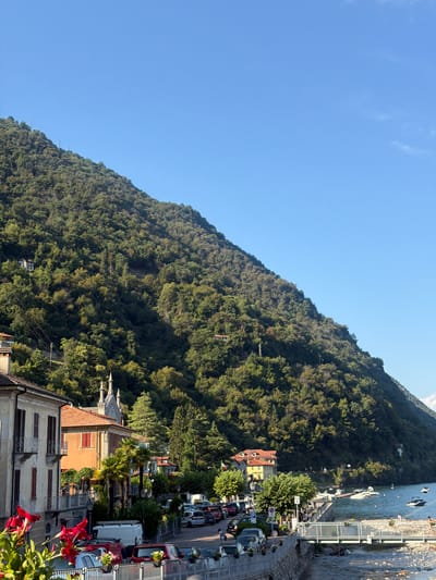 This image captures a scenic view of Carate Urio, Italy, with a prominent, tree-covered mountain dominating the background under a clear blue sky. In the foreground, a street lined with parked cars runs parallel to a body of water, likely Lake Como, where several boats are docked or cruising. Buildings with traditional Italian architecture, featuring terracotta roofs and balconies, are visible along the waterfront and further up the hillside. Lush green trees and palm trees add to the Mediterranean ambiance. A pedestrian bridge crosses a small, rocky stream that flows into the larger body of water. A few individuals are present on the street and near the waterfront, engaged in everyday activities. Red flowers bloom in the lower-left corner of the frame, adding a splash of color to the scene.