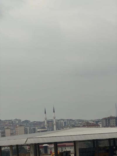 The image displays an urban landscape in Tuzla, Turkey, under an overcast, light gray sky. A small, dark, indistinct speck is visible in the upper-middle right portion of the sky. The lower foreground is occupied by a multi-segmented structure featuring a corrugated metal roof supported by dark vertical pillars. Beneath this covered area, a yellow construction excavator is partially visible on the left. To the right of the excavator, a dark building is visible, bearing the white text "BOTAŞ" and displaying a Turkish flag emblem. Beyond this foreground structure, an expansive urban area stretches across the midground, characterized by numerous densely packed, multi-story residential and commercial buildings situated on sloping terrain. Prominently centered within this urban cluster is a mosque, distinguished by its dark, rounded dome and two tall, slender minarets topped with dark conical spires. No discernible individuals or explicit interactions are visible within the frame.