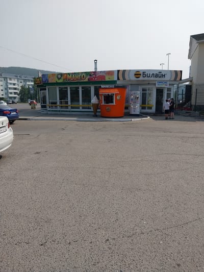 The image shows a street scene in Belokurikha, Russia, on a clear day. The perspective is a low-angle shot, with the camera rotated 90 degrees counterclockwise.

In the foreground, there is a small orange kiosk selling ice cream. Above and behind the kiosk, a building features a prominent vertical sign with the word "Билайн" (Beeline), a Russian telecommunications company, written in large, white letters with a yellow bee logo. Next to the Beeline sign is another sign that reads "ДИКСИС" (DIXIS). The building has large windows and appears to be a shop or service center.

A few people are visible standing near the entrance of the building, seemingly engaged in conversation or waiting. Further down the street, several cars are parked, including a white BMW and a blue sedan. In the background, apartment buildings and a forested hillside are visible, suggesting a town or city setting within a natural landscape.

The time of day appears to be daytime, likely afternoon, given the bright sunlight casting shadows. The weather seems to be clear and sunny. The overall atmosphere is casual and everyday. The text on the signs clearly indicates the presence of commercial services. The presence of a prominent telecommunications provider's branding suggests a developed area.
