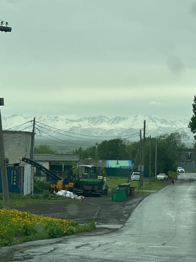 The image depicts a street scene in the city of Nagornyy, Russia, under an overcast sky. In the foreground, a wet, cracked asphalt road curves to the right. To the left, a patch of grass is dotted with yellow wildflowers. Further back, industrial elements are visible, including a shipping container, construction equipment such as a loader with a yellow arm, and a green asphalt paver. Several buildings, some with corrugated metal roofs, are present, along with green and blue structures that appear to be sheds or storage units. Power lines crisscross the scene, supported by wooden poles. In the middle ground, several cars are parked along the road, and a person in a red jacket is walking away from the camera. In the distance, a range of snow-capped mountains forms a dramatic backdrop. The overall atmosphere is somewhat bleak, likely due to the cloudy weather and the utilitarian nature of the foreground.