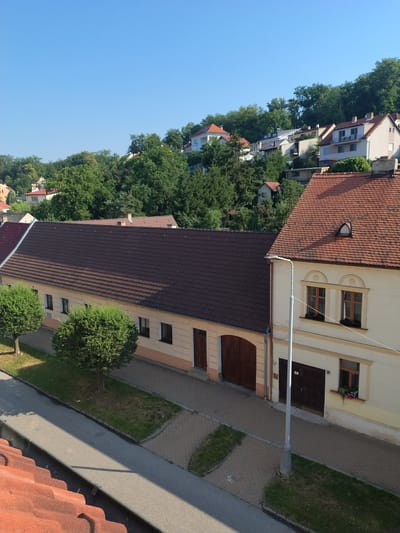 The image shows a view from a rooftop looking down onto a street and buildings in Hluboká nad Vltavou, Czechia. In the foreground, there are red roof tiles. The street below is paved with asphalt and has a sidewalk made of interlocking pavers, with patches of grass and small trees.
To the left of the street, there is a long, single-story building with a dark brown tiled roof. This building has several windows and a large double door. Two small, well-maintained green trees are planted in front of this building.
To the right of the street and slightly further back, there is a two-story building with a red tiled roof. This building is painted a light cream color with yellow trim. It features several windows, including two on the upper floor with arched detailing above them, and a small dormer window on the roof. A dark brown door is visible on the ground floor, and a window box with flowers is placed beneath one of the upper windows. A lamppost stands on the sidewalk in front of this building.
Behind these buildings, a dense green forest covers a hillside. Further up the hill, various houses and buildings with red and white roofs can be seen nestled among the trees. The sky is clear and blue, indicating a sunny day. No people are visible in the image.