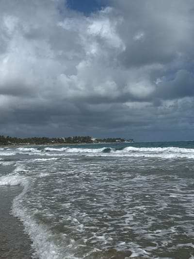 The image depicts a beach scene in Cabarete, Dominican Republic. The foreground is dominated by the ocean, with waves crashing on the shore. The water is a mix of blues and grays, reflecting the overcast sky.
A strip of land is visible between the ocean and the sky, featuring vegetation, possibly palm trees and buildings lining the beach.
The sky occupies a significant portion of the image, with dark, heavy clouds predominating, suggesting an approaching storm. A small patch of blue sky is visible in the upper-left corner.