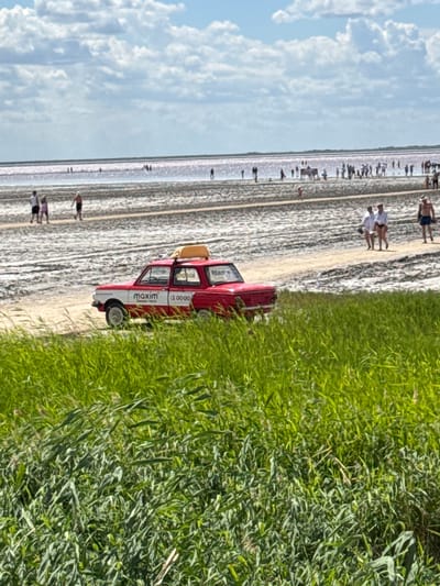 In Бурсоль, Russia, a vintage red and white taxi with a yellow sign on its roof drives along a dirt path on a salt lake. The car displays the Maxim logo and the digits "12 00 00". Several people are walking in the distance on the salt flats towards the pink-hued water. Tall green grass dominates the foreground. The sky is partly cloudy.