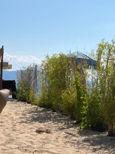 The image shows a beach scene at Ofrynio Beach, Greece, on a clear day. In the foreground, there is light-colored sand with some small stones and debris. A portion of what appears to be a person's arm or leg is visible in the lower left corner. Behind the sand is a dense line of green bamboo plants. Further back, a dark object, possibly a beach chair or umbrella support, is partially obscured by the bamboo. Beyond the bamboo, the turquoise sea is visible, with a distant hazy coastline or mountains under a bright blue sky. A large, light-colored beach umbrella with a fringed edge is visible on the far left side of the image, behind a wooden post.