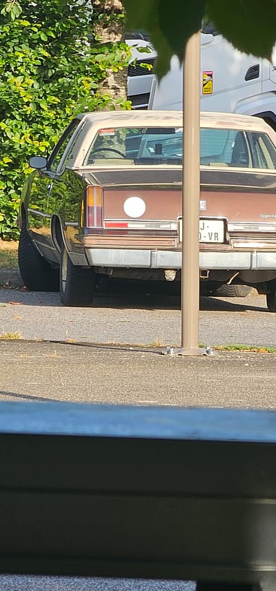 An outdoor daytime photograph captures the rear and side of a parked, brown, two-door Oldsmobile Cutlass Supreme Brougham from the late 1970s or early 1980s. The vehicle features a light-colored vinyl roof and extensive chrome trim, including a prominent rear bumper. The driver's side rear quarter panel and part of the door are visible, reflecting surrounding green foliage. The car's rear displays rectangular taillights with amber upper and red lower sections. A white circular sticker is affixed to the center of the trunk lid. The license plate is partially obscured by a light brown vertical pole in the foreground; visible characters include "J-" followed by "-0-VR" (potentially "J-10-VR" or "J-90-VR"). The pole is anchored to the asphalt pavement with a bolted flange.

Behind the Oldsmobile, a large white heavy-duty vehicle, identifiable as a semi-truck cab, is partially visible. A yellow rectangular sticker with a black border, featuring "ATTENTION" in red and "ANGLES MORTS" (French for "BLIND SPOTS") in black text on a yellow background, is affixed to the white truck, indicating the location is in France. Lush green foliage and the trunk of a tree are present on the left side of the frame. The scene is illuminated by bright sunlight, casting shadows. The image appears to be taken from a slightly elevated position, with a dark, out-of-focus horizontal element in the immediate foreground. The setting is a paved area within the city of Bain-de-Bretagne, France. No individuals are visible.