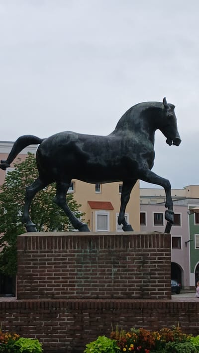 This media file captures a bronze statue of a horse rearing on its hind legs, with its front legs outstretched. The statue is dark in color and appears to be made of weathered metal, with some green patina visible. It is positioned against a backdrop of buildings and a cloudy sky.
The buildings behind the statue are of varying heights and colors, suggesting an urban or town setting. One building is painted a light yellow with several windows and a distinctive orange-red slanted panel. Another building is a pale pinkish-beige with multiple windows, and a building to the far left is green with a series of dark windows. The sky is overcast, indicating a cloudy day.
In the foreground and to the right of the statue, there is a brick structure. The bricks are predominantly red, with some lighter shades and signs of wear. Lush green foliage and some colorful flowers, with hints of orange and yellow, are visible cascading down from the top right of the frame, likely part of a floral display on or near the brick structure.
The statue's dynamic pose and the cloudy weather contribute to a somewhat dramatic and powerful atmosphere. The scale of the statue suggests it is a public monument. While the image is taken from a low angle, making the statue appear even more imposing, there is no visible text in the frame. The location is identified as Pfarrkirchen, Germany, which suggests this is likely a landmark within that town.